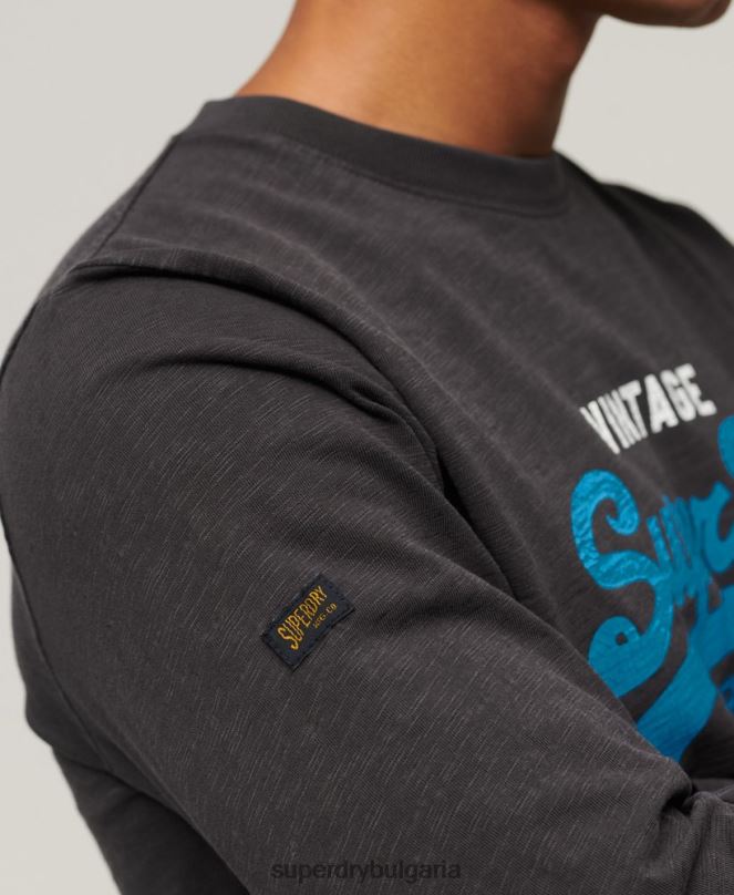 Superdry облекло N00H1469 черен мъже тениска с дълги ръкави с ретро лого