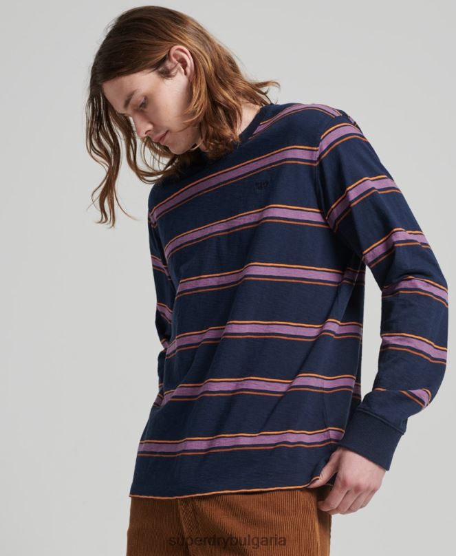 Superdry облекло N00H1471 военноморски флот мъже органичен памук ретро текстурирани райе топ