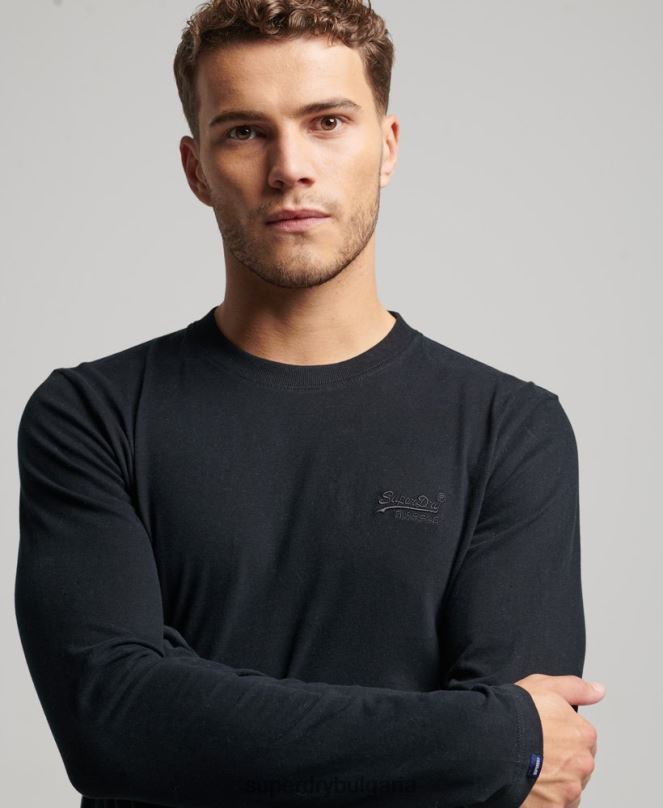 Superdry облекло N00H1475 черен мъже горнище с ретро лого от органичен памук, бродирано