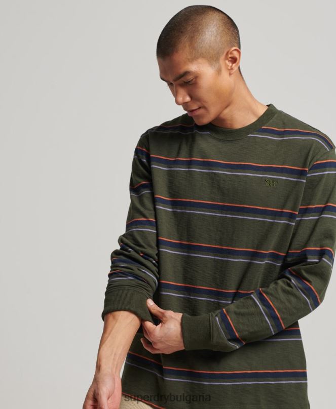Superdry облекло N00H1480 зелено мъже органичен памук ретро текстурирани райе топ