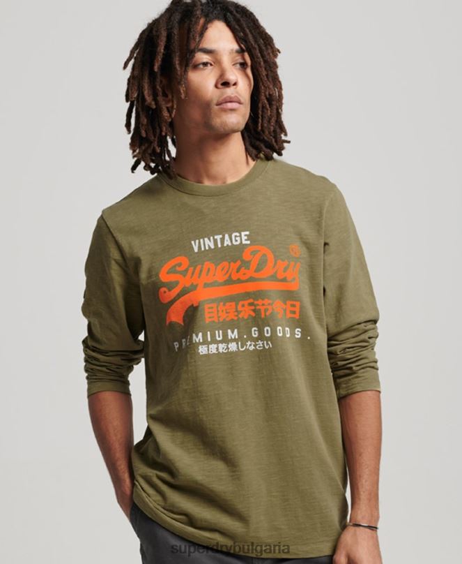 Superdry облекло N00H1485 зелено мъже тениска с дълги ръкави с ретро лого