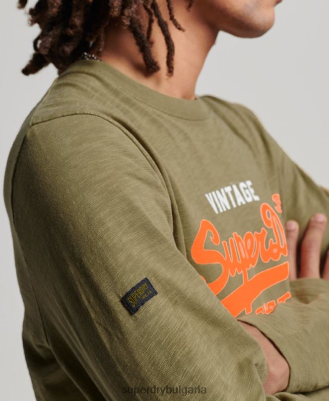 Superdry облекло N00H1485 зелено мъже тениска с дълги ръкави с ретро лого