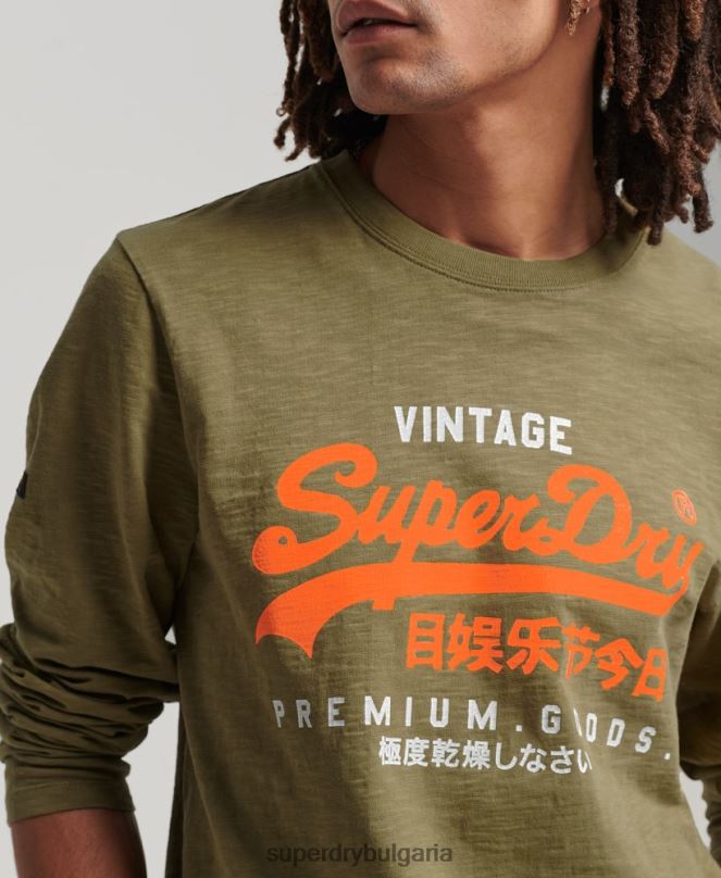 Superdry облекло N00H1485 зелено мъже тениска с дълги ръкави с ретро лого