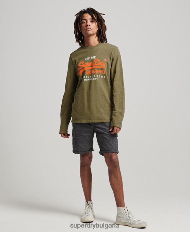 Superdry облекло N00H1485 зелено мъже тениска с дълги ръкави с ретро лого