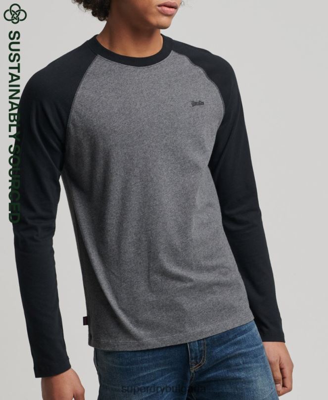 Superdry облекло N00H1505 тъмно сив мъже Бейзболна топка с дълъг ръкав от органичен памук