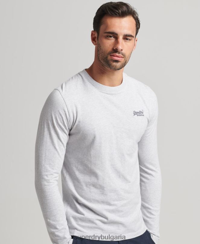 Superdry облекло N00H1546 светло сив мъже горнище с дълъг ръкав с основно лого от органичен памук