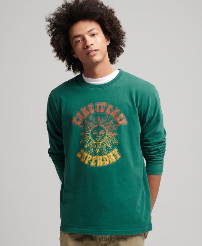 Superdry облекло N00H1554 зелено мъже psych rock горнище с дълъг ръкав