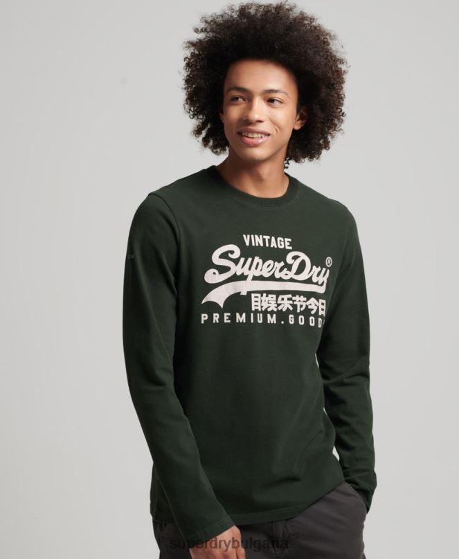 Superdry облекло N00H1555 зелено мъже горнище с дълъг ръкав с ретро лого и наследство