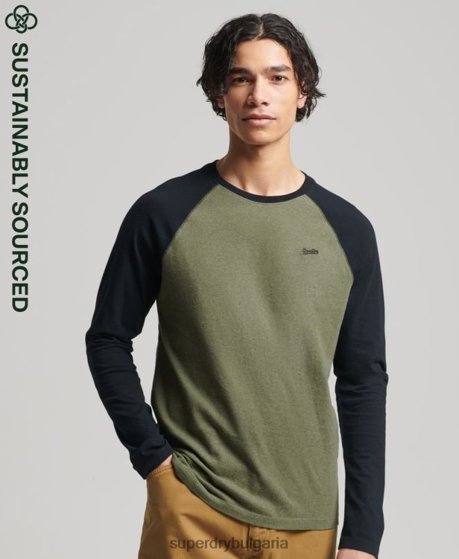 Superdry облекло N00H1557 зелено мъже Бейзболна топка с дълъг ръкав от органичен памук