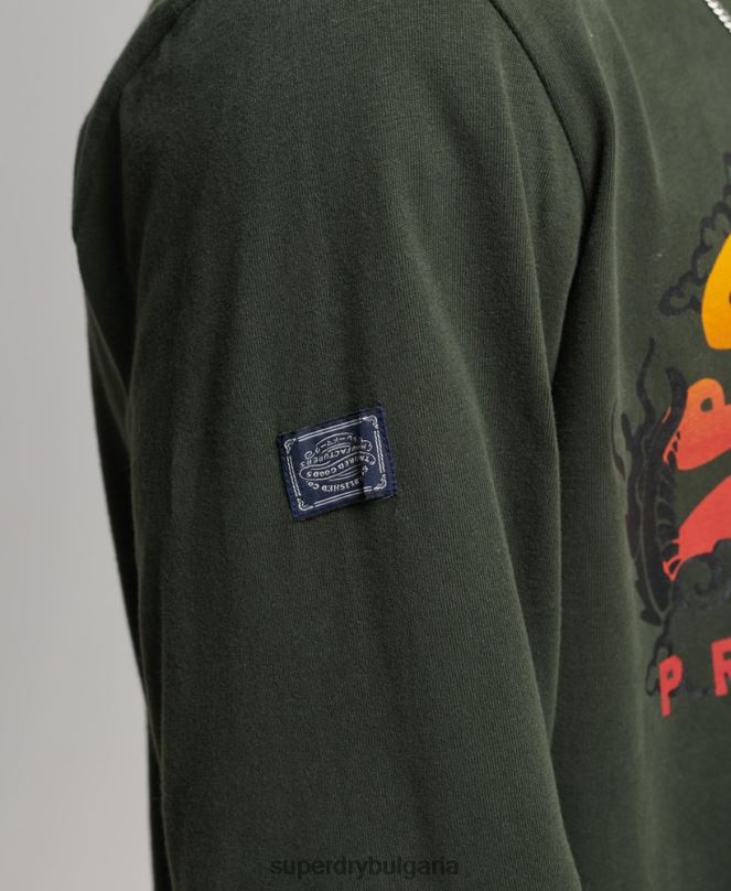 Superdry облекло N00H1563 зелено мъже горна част с ретро лого с дълъг ръкав
