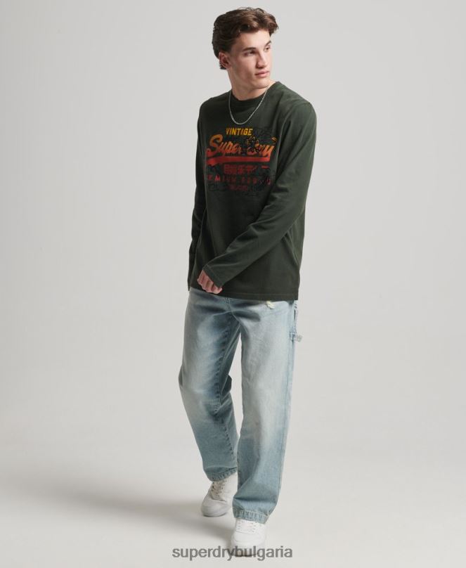 Superdry облекло N00H1563 зелено мъже горна част с ретро лого с дълъг ръкав
