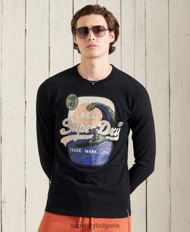 Superdry облекло N00H1573 черен мъже горнище с дълъг ръкав с ретро лого itago