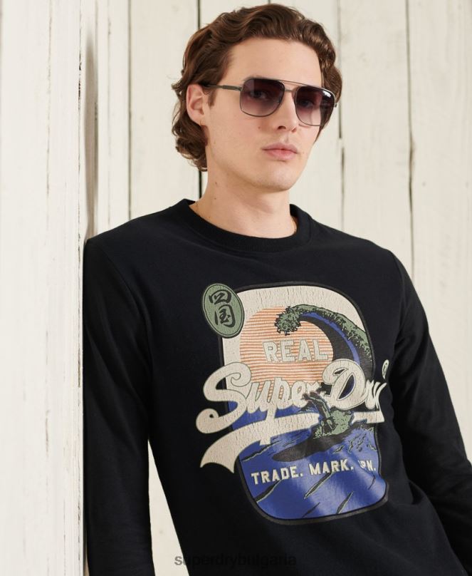 Superdry облекло N00H1573 черен мъже горнище с дълъг ръкав с ретро лого itago