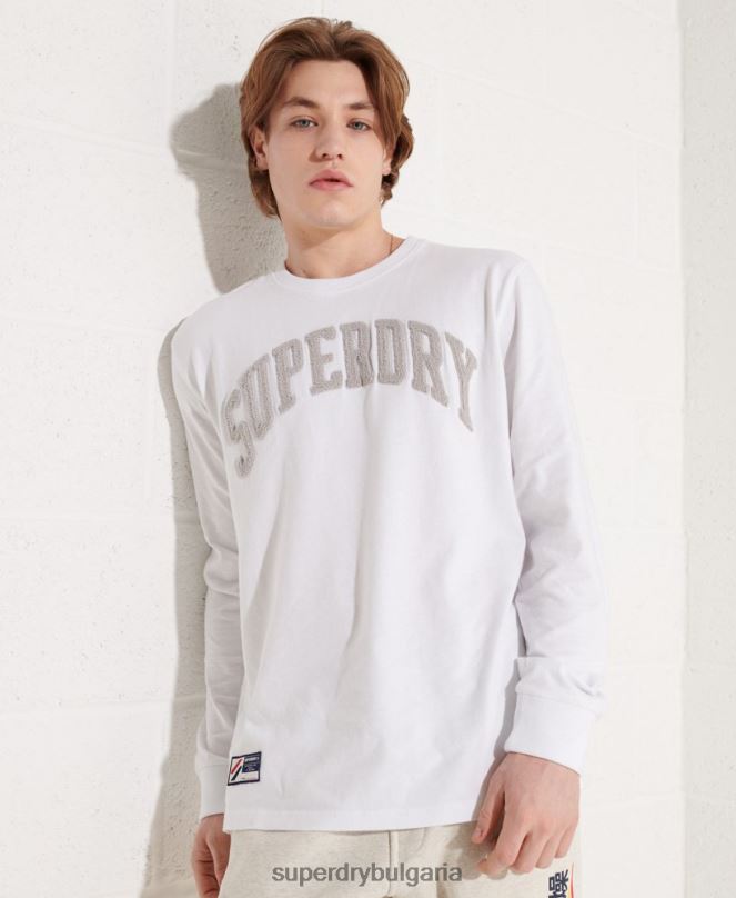 Superdry облекло N00H1581 бяло мъже университетска арка с дълъг ръкав