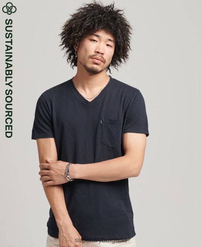 Superdry облекло N00H4807 военноморски флот мъже тениска с джоб с v-образно деколте и органичен памук