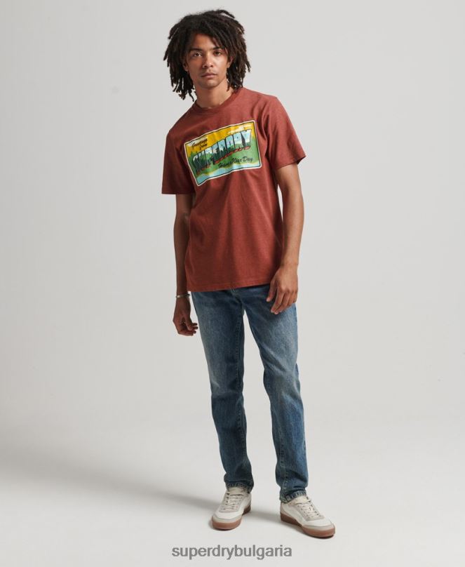 Superdry облекло N00H4820 червен мъже тениска с графична картичка за пътуване