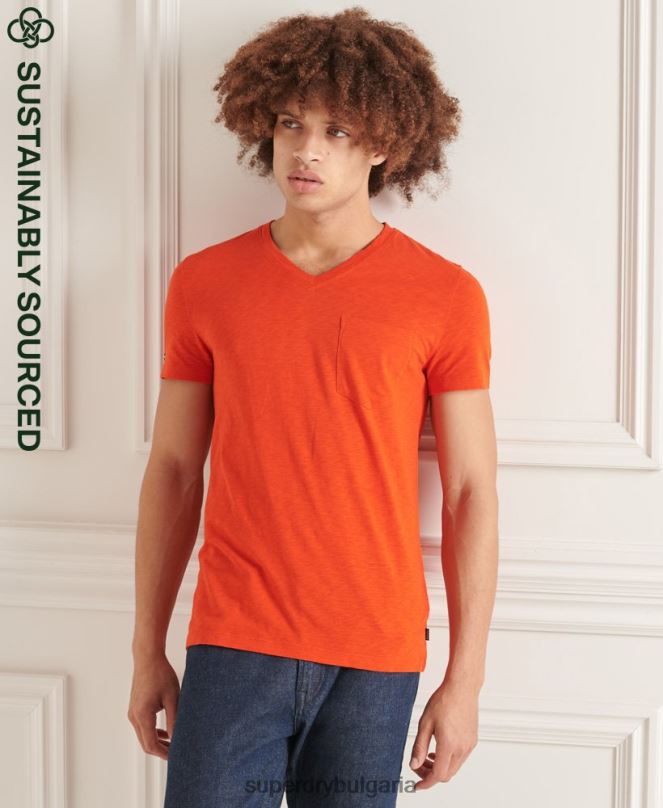 Superdry облекло N00H4837 оранжево мъже тениска с джоб с v-образно деколте и органичен памук