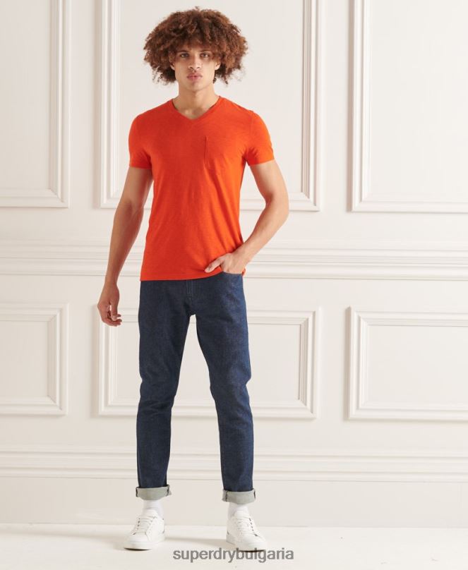 Superdry облекло N00H4837 оранжево мъже тениска с джоб с v-образно деколте и органичен памук