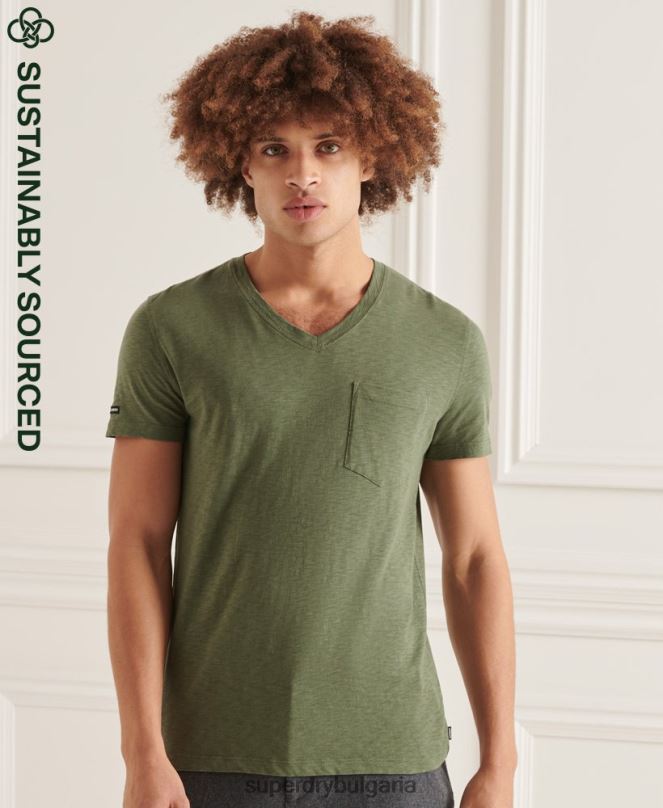 Superdry облекло N00H4846 зелено мъже тениска с джоб с v-образно деколте и органичен памук