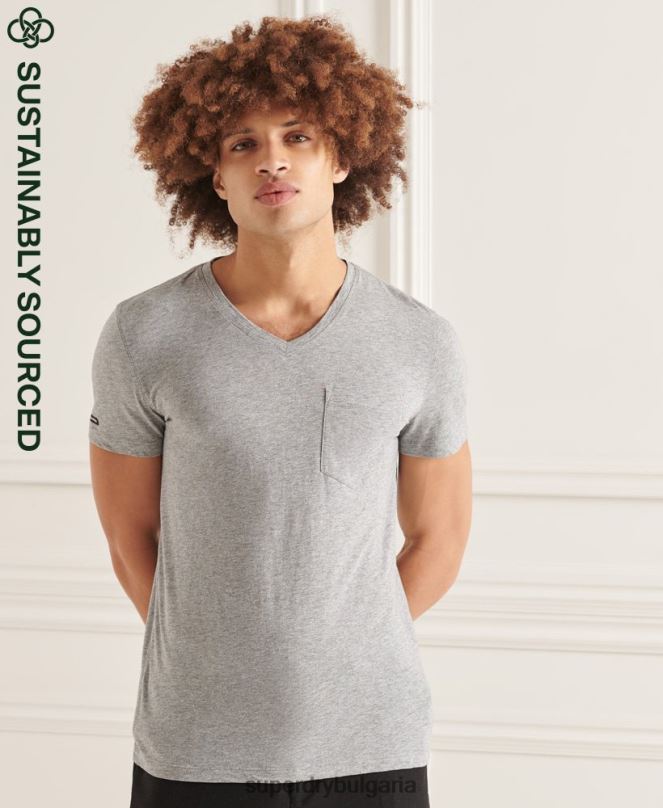 Superdry облекло N00H4849 светло сив мъже тениска с джоб с v-образно деколте и органичен памук