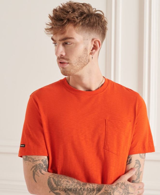 Superdry облекло N00H4859 оранжево мъже органична памучна тениска с кръгло деколте и джоб