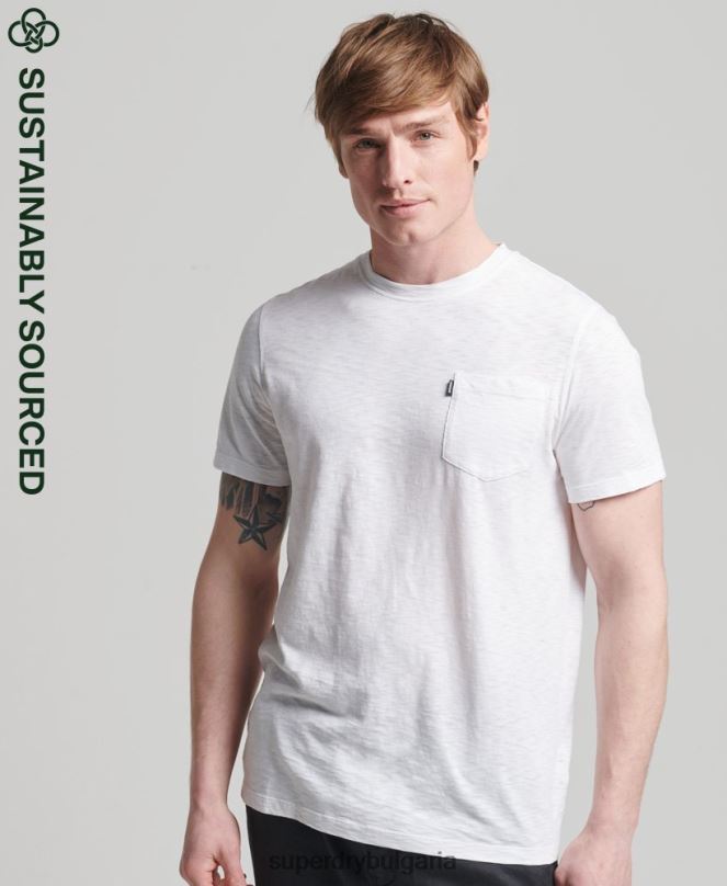 Superdry облекло N00H4865 бяло мъже органична памучна тениска с кръгло деколте и джоб