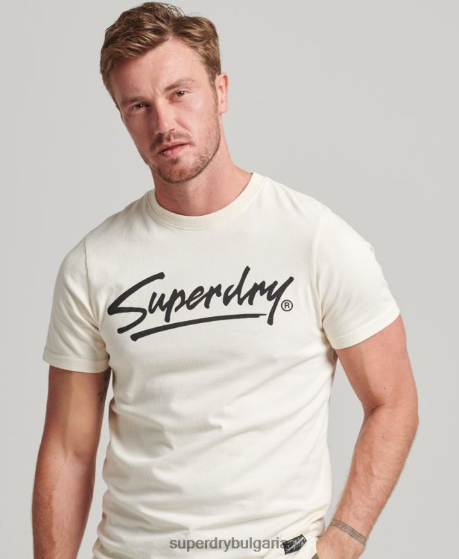 Superdry облекло N00H4897 сметана мъже Тениска с лого на сценария на центъра на 80-те