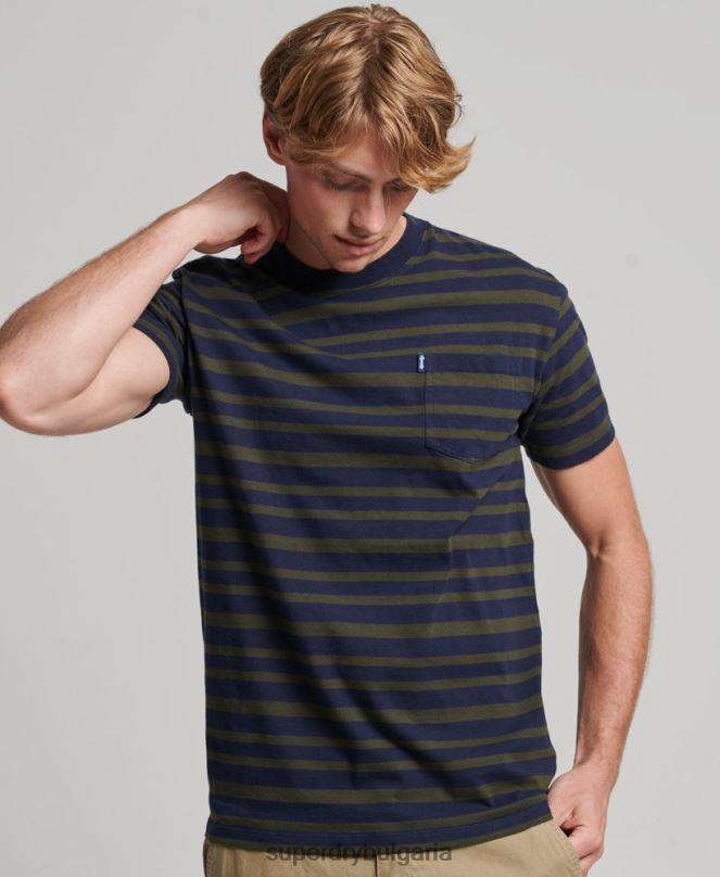 Superdry облекло N00H4906 военноморски флот мъже тениска с лого ивица от органичен памук