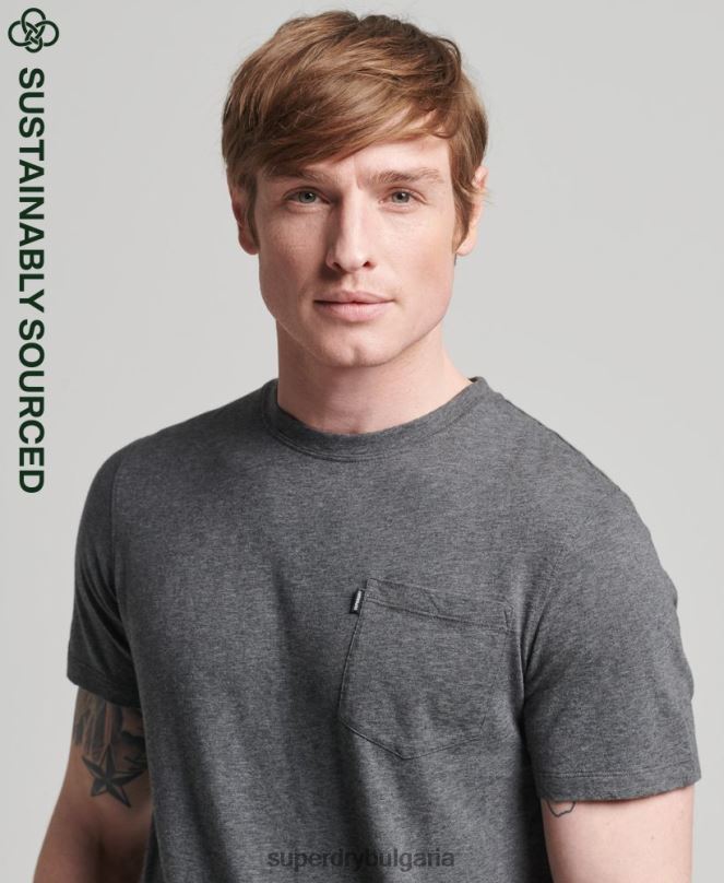 Superdry облекло N00H4910 тъмно сив мъже органична памучна тениска с кръгло деколте и джоб