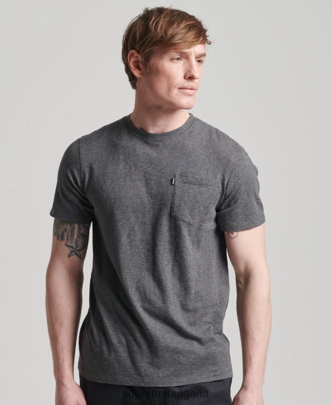 Superdry облекло N00H4910 тъмно сив мъже органична памучна тениска с кръгло деколте и джоб