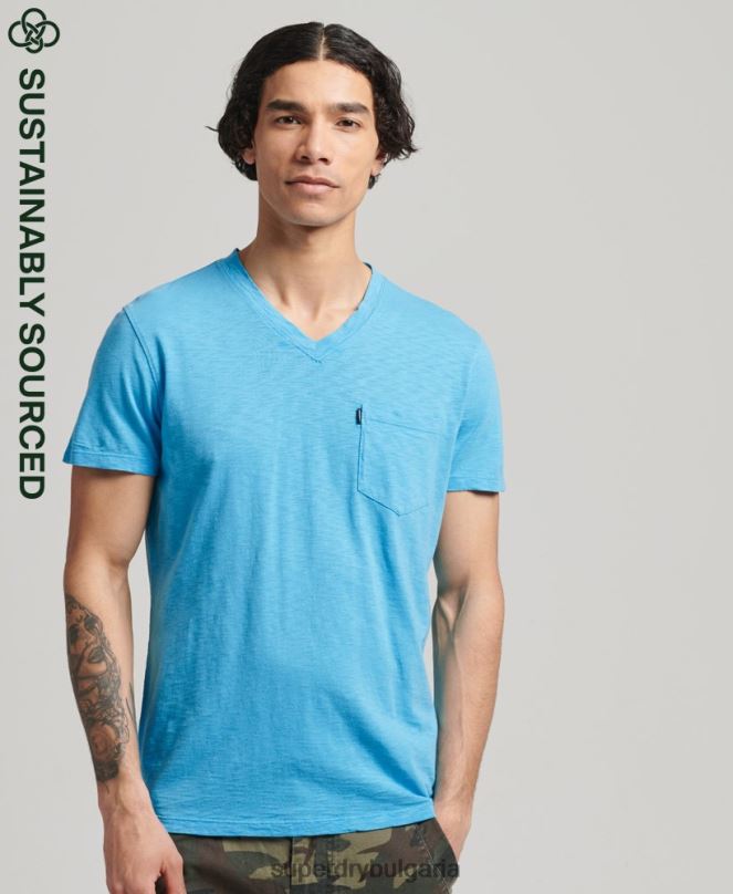 Superdry облекло N00H4919 светло синьо мъже тениска с джоб с v-образно деколте и органичен памук