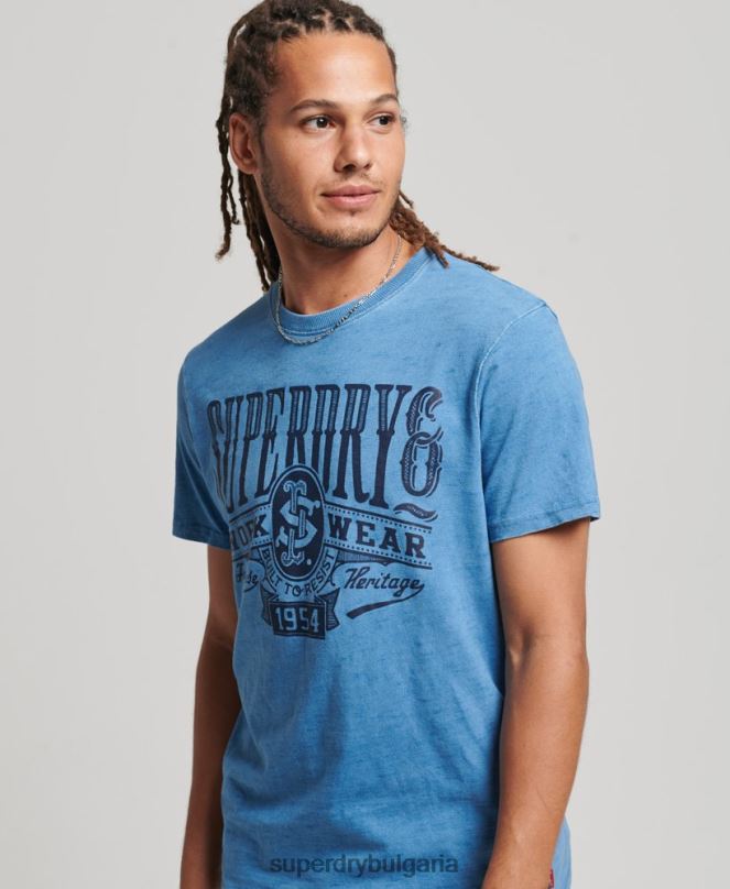 Superdry облекло N00H4921 светло синьо мъже ретро тениска със стенен знак
