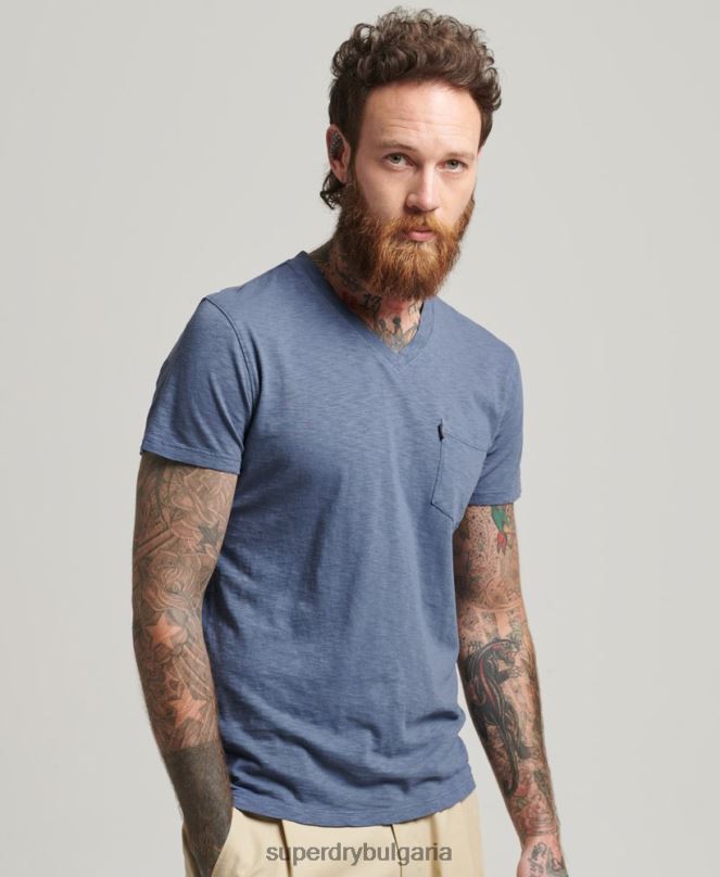 Superdry облекло N00H4936 син мъже тениска с джоб с v-образно деколте и органичен памук