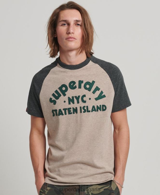 Superdry облекло N00H5 бежово мъже реколта страхотна тениска тип реглан с апликации за открито