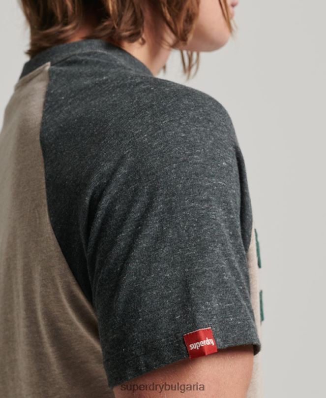 Superdry облекло N00H5 бежово мъже реколта страхотна тениска тип реглан с апликации за открито