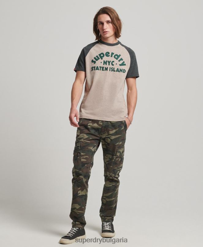Superdry облекло N00H5 бежово мъже реколта страхотна тениска тип реглан с апликации за открито