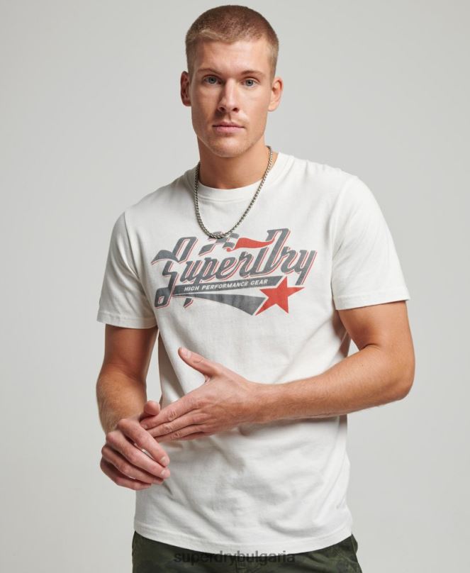 Superdry облекло N00H6 сметана мъже ретро индустриална автомобилна тениска