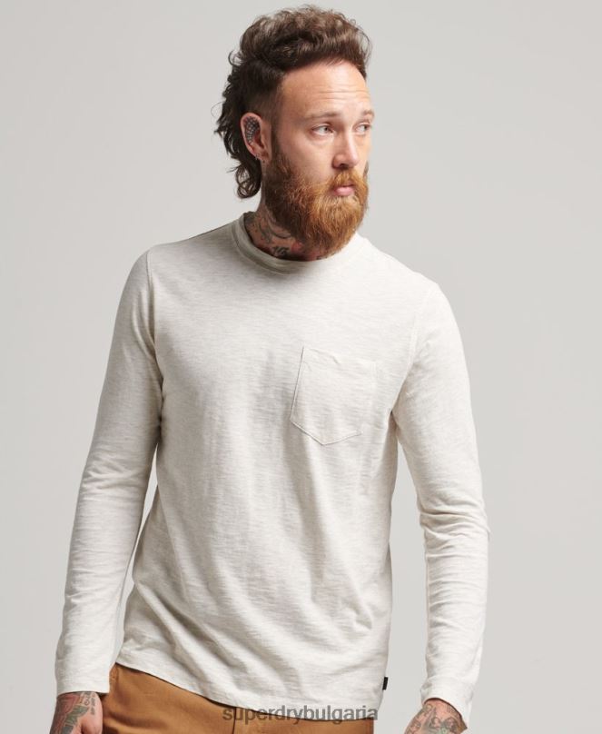Superdry облекло N00H6396 сметана мъже горна част от трико с дълъг ръкав