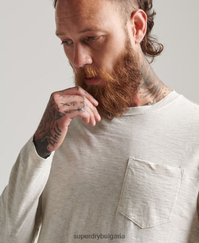 Superdry облекло N00H6396 сметана мъже горна част от трико с дълъг ръкав