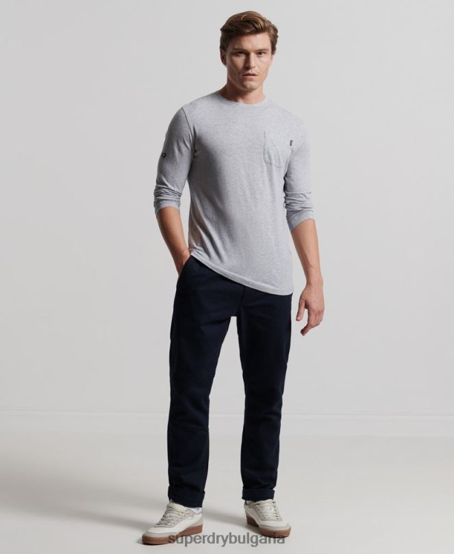 Superdry облекло N00H6402 тъмно сив мъже горна част от трико с дълъг ръкав от органичен памук