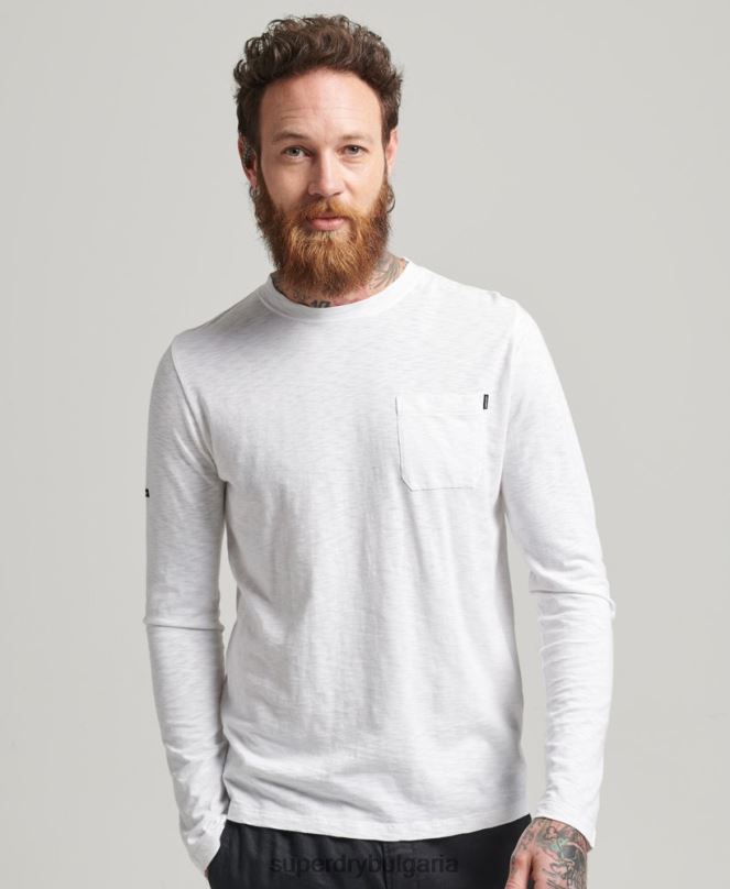 Superdry облекло N00H6435 бяло мъже горна част от трико с дълъг ръкав от органичен памук