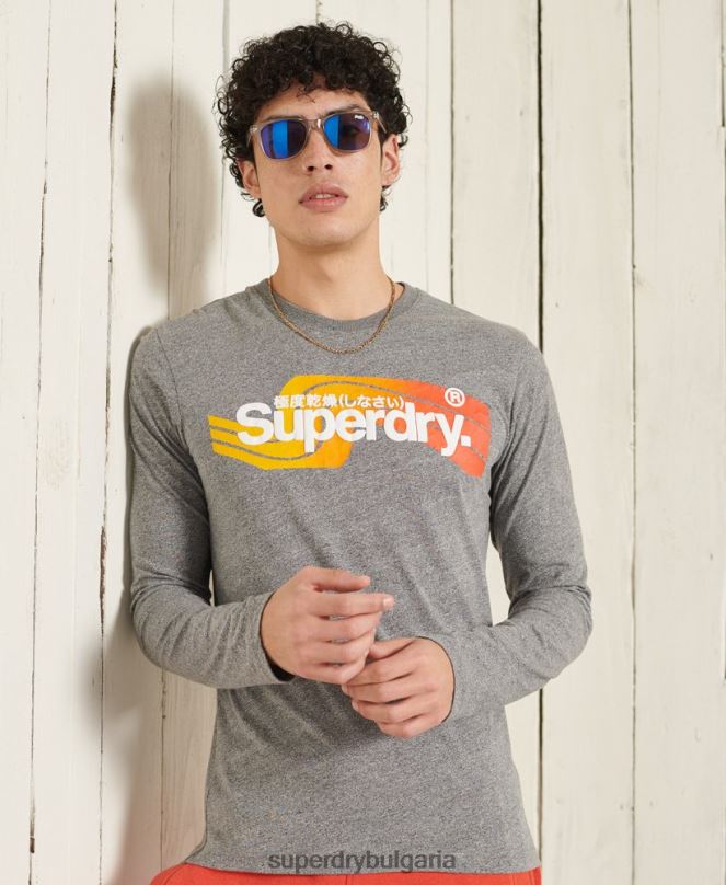 Superdry облекло N00H6462 сиво мъже топ с дълъг ръкав cali с лого на ядрото