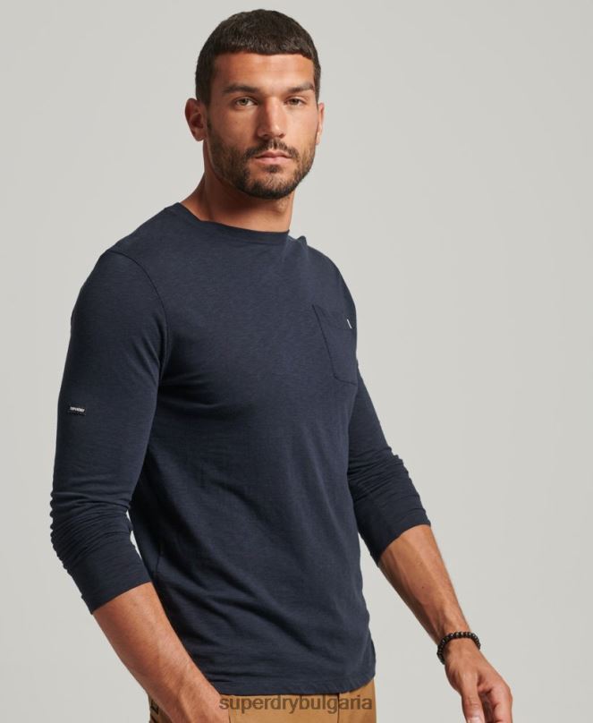 Superdry облекло N00H6479 военноморски флот мъже горна част от трико с дълъг ръкав от органичен памук