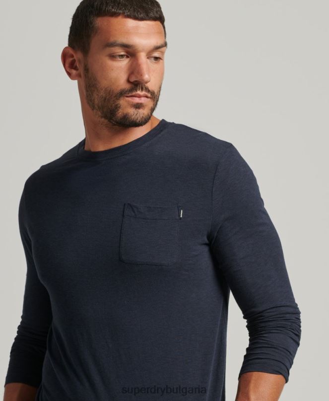 Superdry облекло N00H6479 военноморски флот мъже горна част от трико с дълъг ръкав от органичен памук