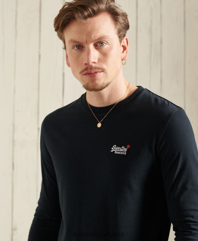 Superdry облекло N00H6500 военноморски флот мъже тениска с ретро бродерия от органичен памук