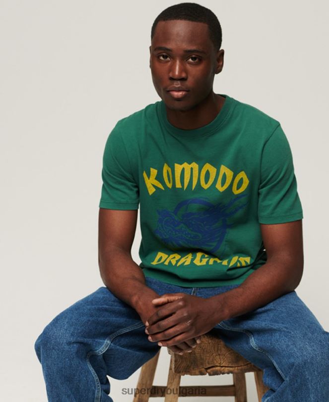 Superdry x Komodo облекло N00H30 зелено мъже класическа тениска с дракон