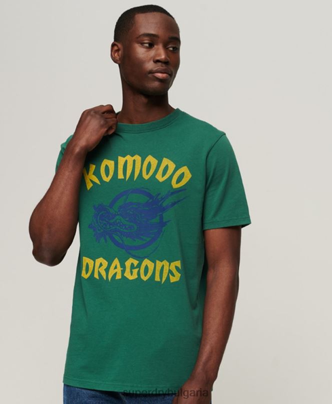 Superdry x Komodo облекло N00H30 зелено мъже класическа тениска с дракон