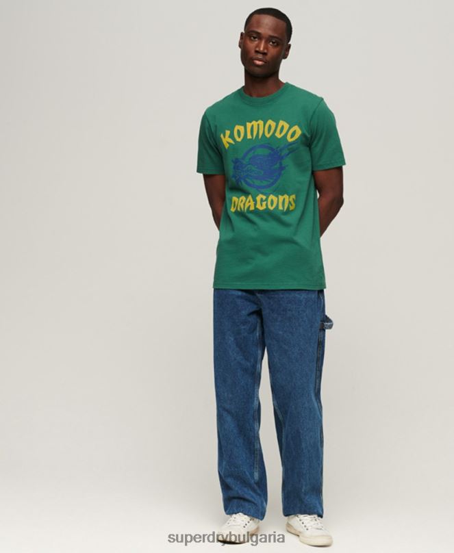 Superdry x Komodo облекло N00H30 зелено мъже класическа тениска с дракон