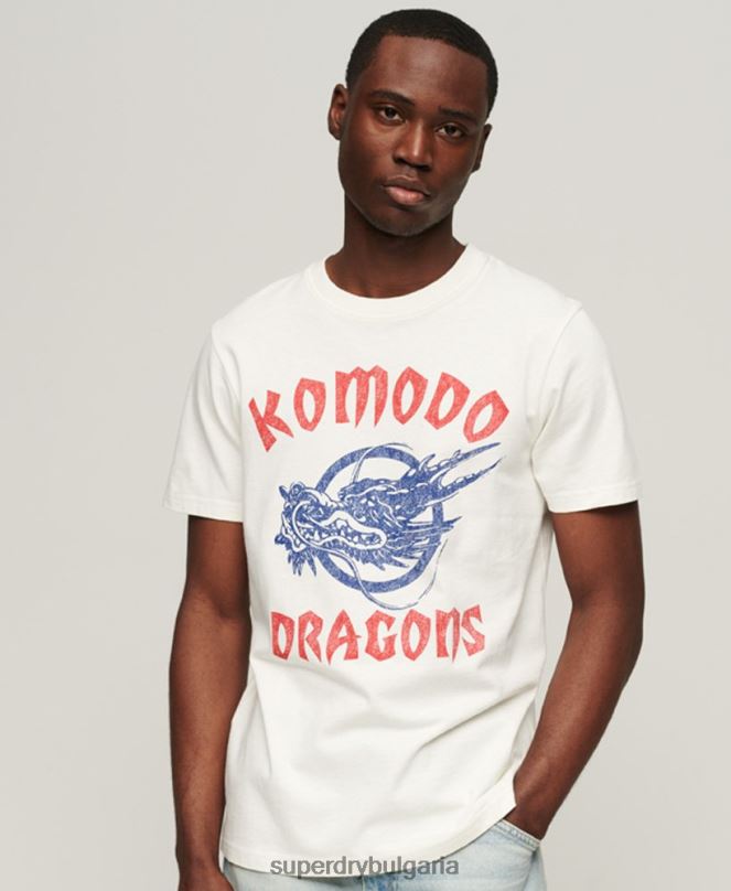 Superdry x Komodo облекло N00H43 сметана мъже класическа тениска с дракон