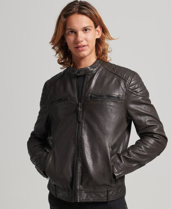 Superdry облекло N00H1088 тъмно сив мъже кожено мотоциклетно яке